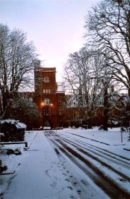 Girton College in the snow